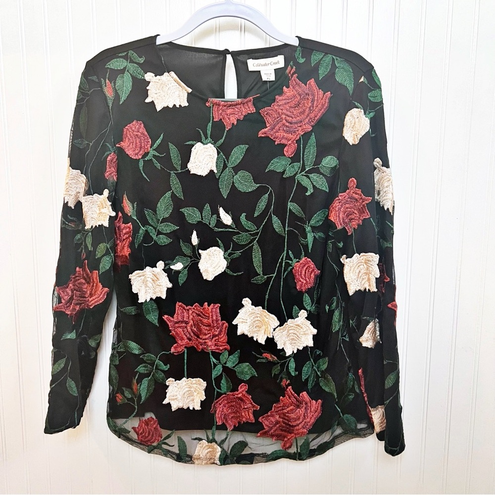 Coldwater Creek Black & Red Floral Embroidered Mesh Blouse Size Small Petite NEW